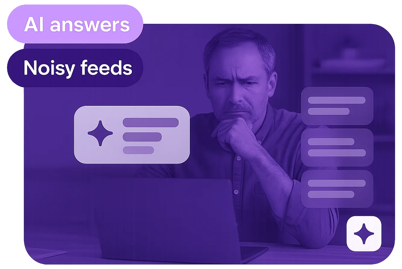 A business owner weighing up AI answers and noisy feeds on his laptop